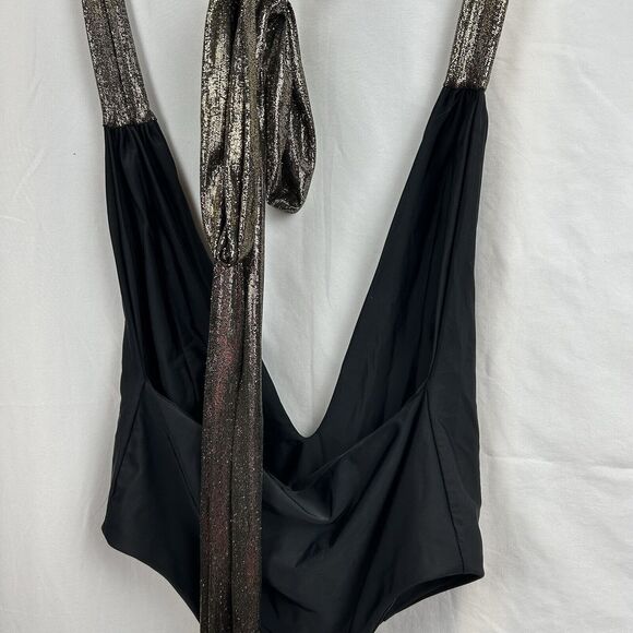 OMG Miami Swimwear Black Swimsuit Size Large Metallic Gold Tie Backs Revealing - Picture 7 of 11